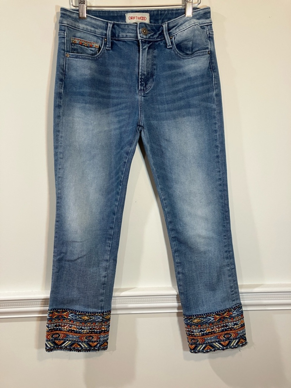 DRIFTWOOD Light Blue Embroidered Cuff Cropped Jeans 2/4